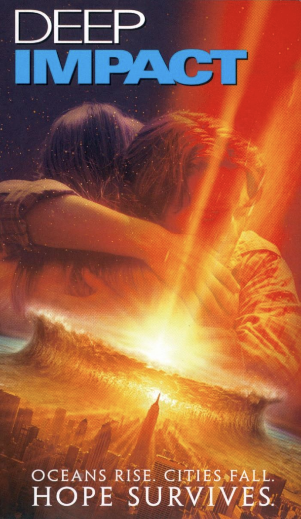 Filmplakat "Deep Impact": Paar umarmt sich vor einschlagendem Meteor und überfluteter, zerstörter Stadt